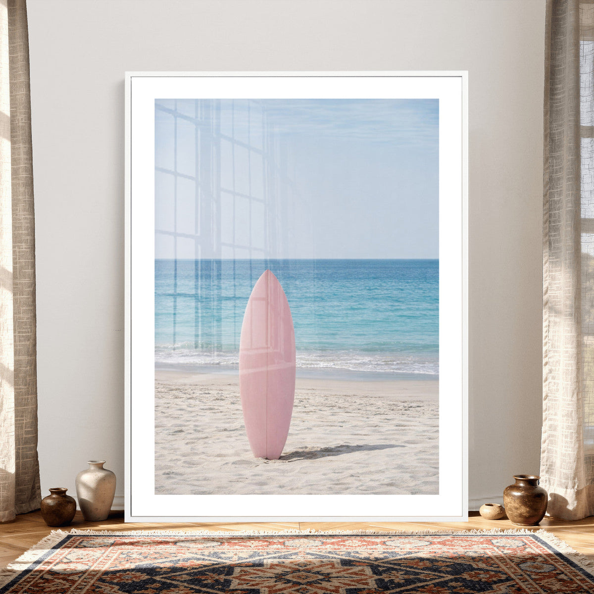 Pink Surfboard Canvas Wall Art, Minimalist Beach Photography