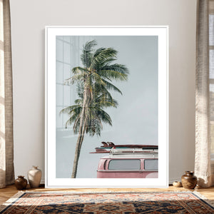 VW Van Palm Tree Canvas Wall Art, Pink Camper Surfboards
