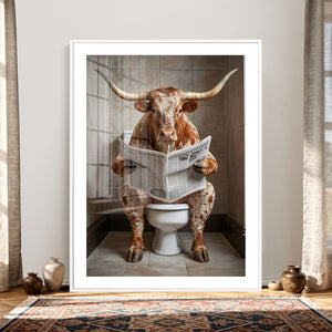 Funny Bathroom Canvas Wall Art, Texas Longhorn on Toilet