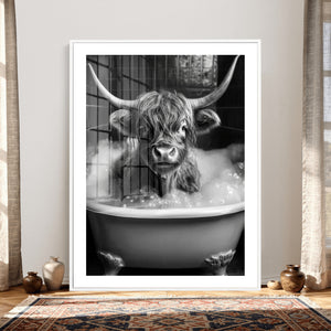 Highland Cow Bathtub Canvas Wall Art, Funny Bathroom Print