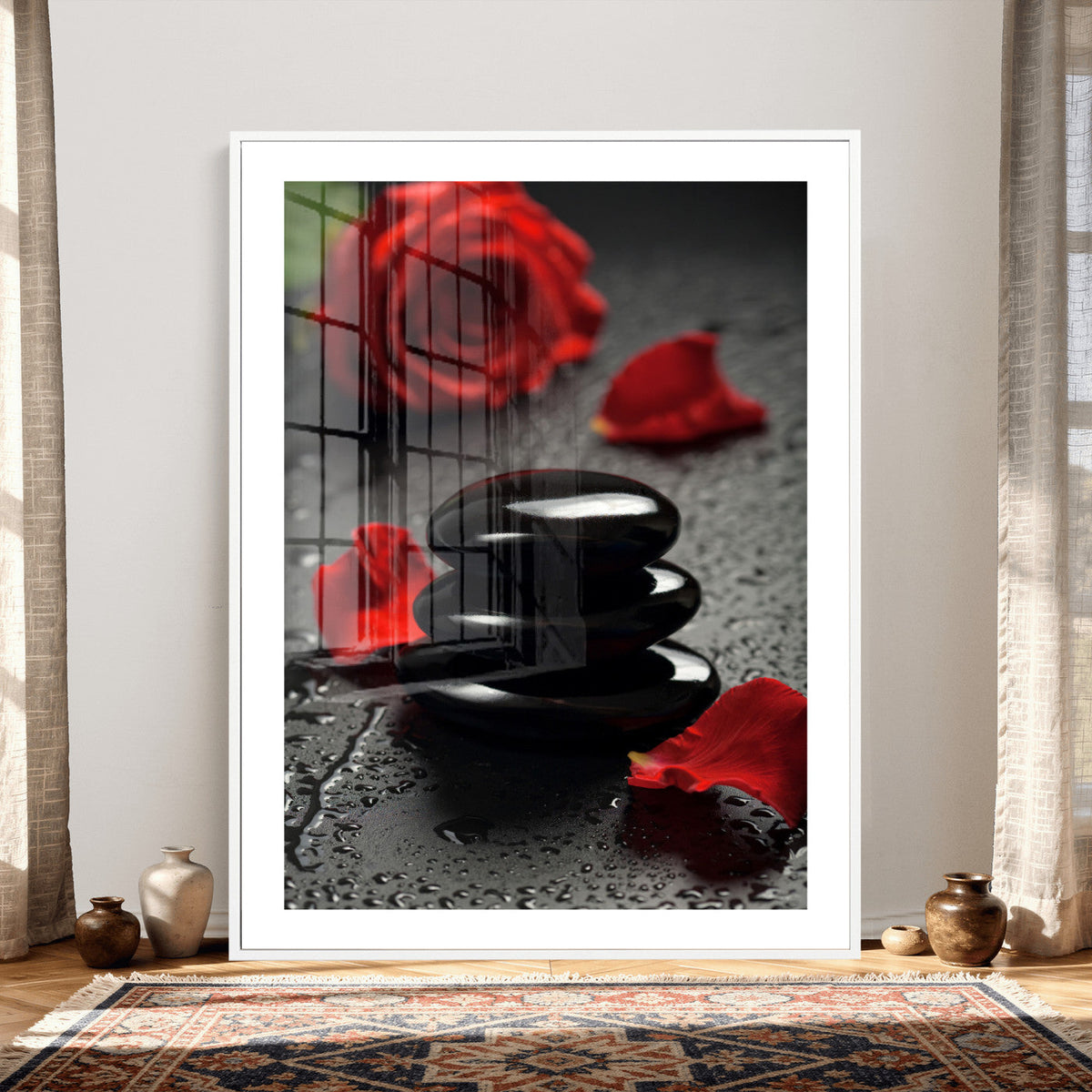 Black Lava Stone Rose Canvas | Red Rose Spa Photography