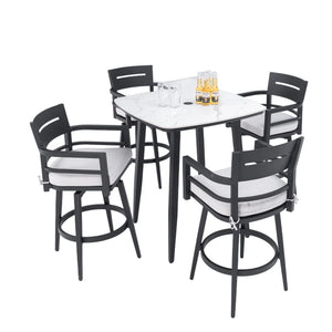 Modern Outdoor Patio Bar Set, Rounded Square Table & Bar Chairs, Non Rust Frame, Tapered Legs, Sunbrella Cushion