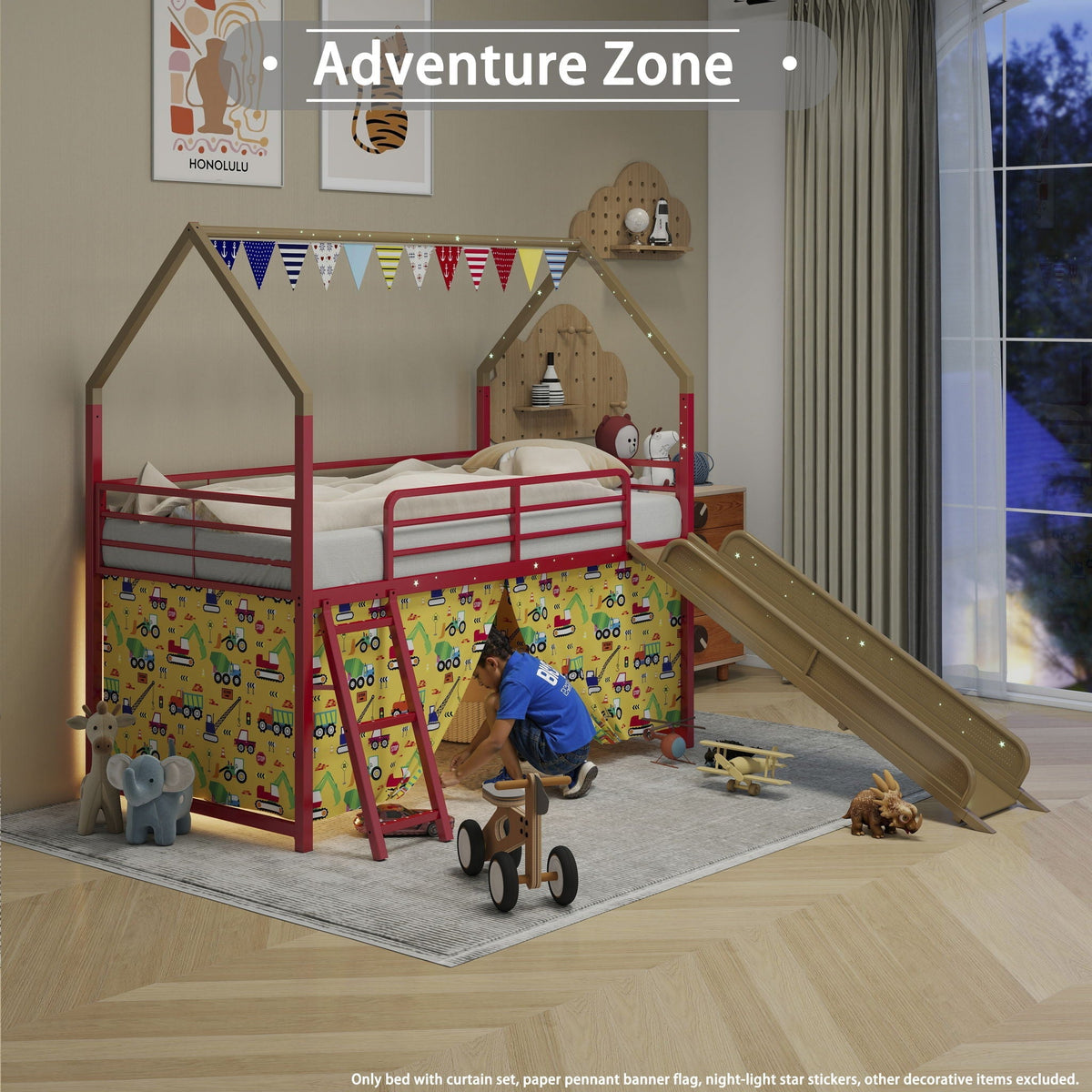 Jack - House Loft Bed With Slide And Curtain Set