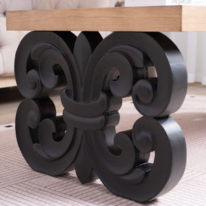 Black Scroll Base Coffee Table – 47' Rectangular Wood Living Room Table with Natural Top – Modern Farmhouse Accent Table – Elegant Centerpiece with Ornate Carved Design