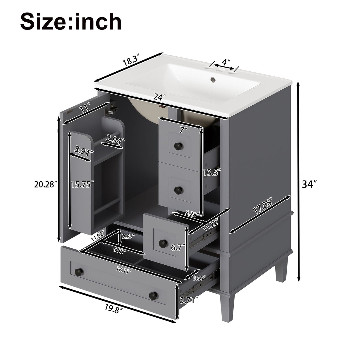 Bathroom Vanity With Integrated Basin, Soft Close Drawers, Door Mounted Double Layer Shelf