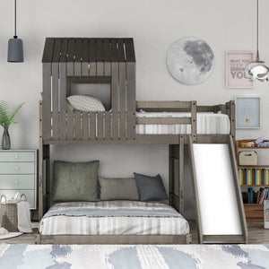 Loft Bunk Bed With Playhouse, Farmhouse, Ladder, Slide And Guardrails