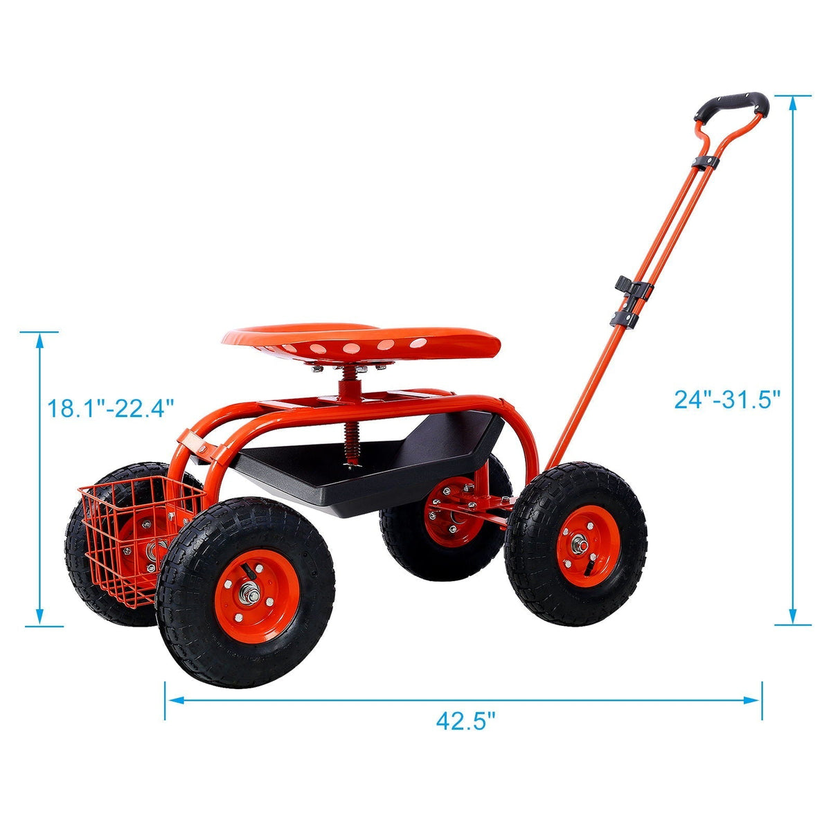 Rolling Garden Scooter Cart Seat With Wheels, 360 Swivel Seat, Tool Tray