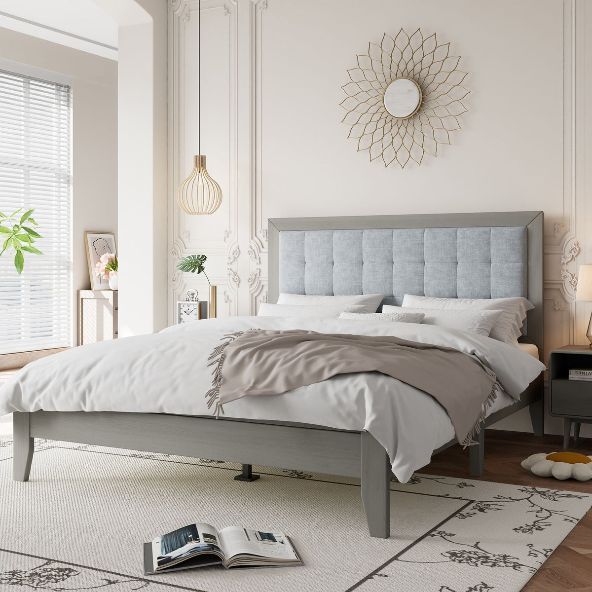 Mid Century Modern Platform Bed with Upholstered Headboard - Dark Gray