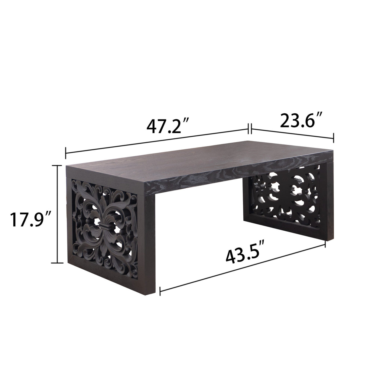 47.2' Solid Black Carved Wood Coffee Table – Handcrafted Look with Ornate Side Panels