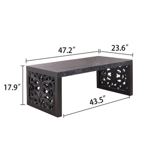 47.2' Solid Black Carved Wood Coffee Table – Handcrafted Look with Ornate Side Panels