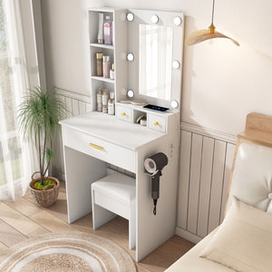 Vanity Set with Mirror, Adjustable LED Lights & Power Outlet - Wood & Mirror