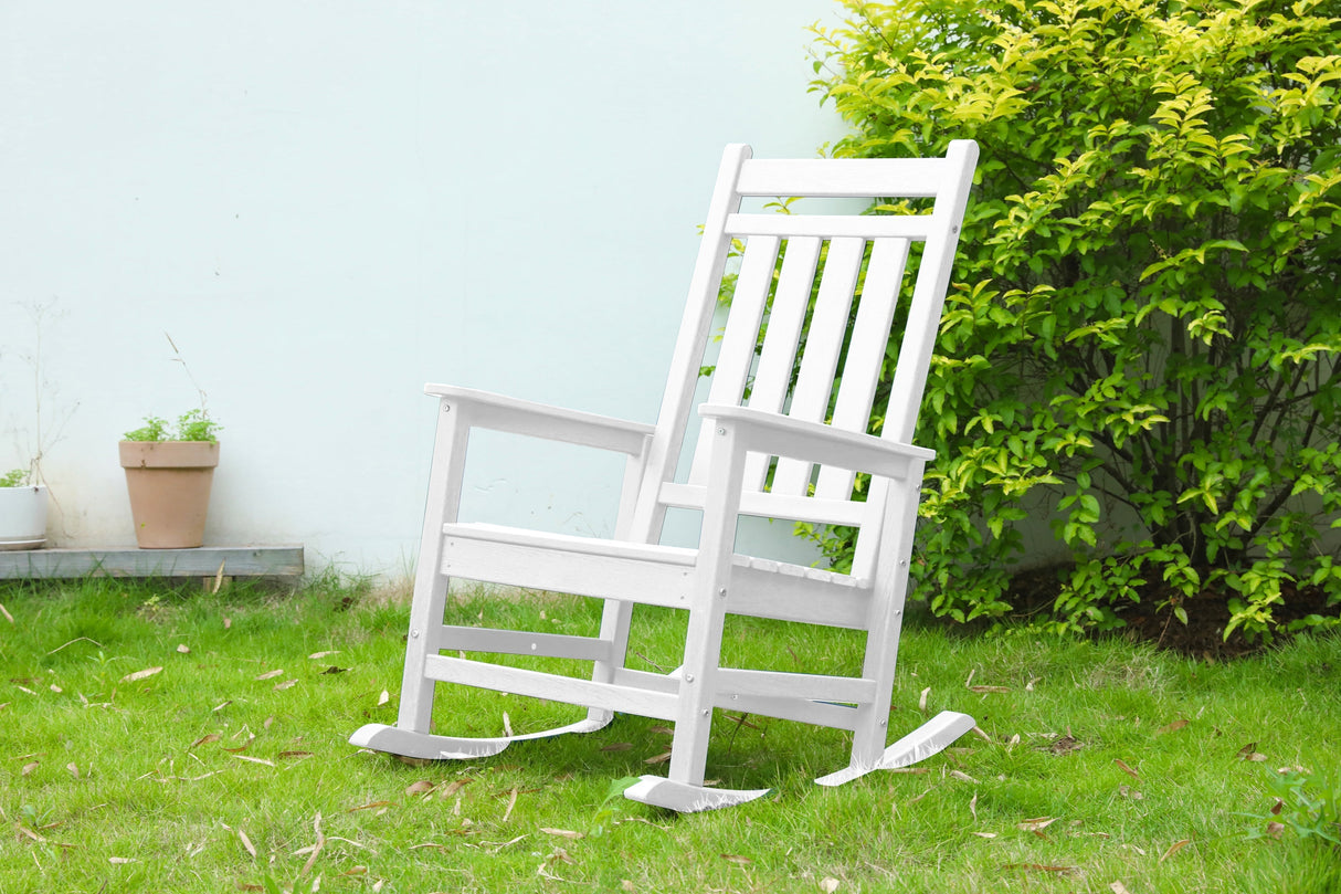 Oversized Rocking Chair with Wood-Texture, Outdoor Rocking Chair for Adults, All Weather Resistant Porch Rocker for Lawn Garden, White