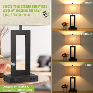 Touch Table Lamps Set of 2, USB, 3-Way Dimmable, Bedside Nightstand Lamp