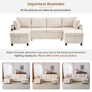 Sectional Sofa Bed With Pull Out Sleeper, USB Ports, Cup Holders