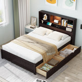 Twin Size Wood Platform Bed with Bookcase Headboard, Built-in Downlight, Charging Station, and 2 Side Drawers, Expresso