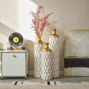 Floor Metal Vase Modern Style Decoration Home Droplet Shaped Metal Vase 3 Piece Set Gorgeous Home Decoration Large Glazed Metal Vase - Gold / White