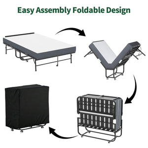 Twin Wide Folding Bed With Adjustable Headboard, Extra Long Rollaway For Tall People, Memory Foam Mattress - Black