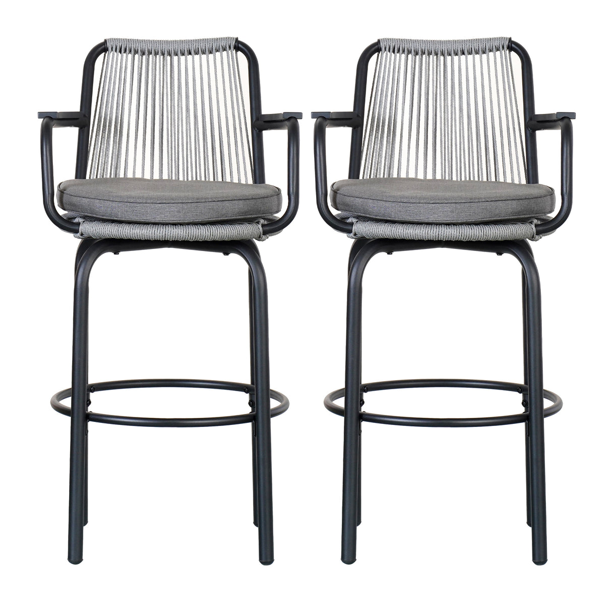 Outdoor Patio Bar Stools 29"H Set of 2, Modern Woven Rattan Rope Bar Height Chair