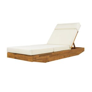 Modern Acacia Wood Outdoor Chaise Lounge with Beige Cushion