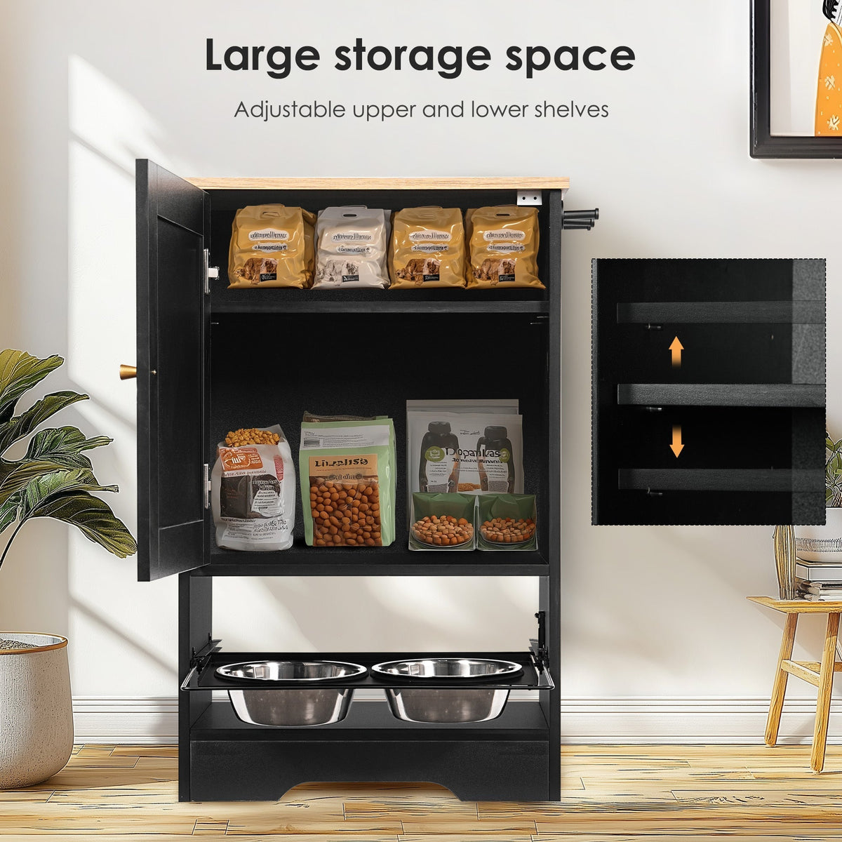 Feeding Station with Storage Cabinet and Stainless Steel Bowls - Black