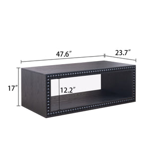 Black Beaded Edge Coffee Table – 47.6' Rectangular Center Table with Open Storage Shelf, Modern Farmhouse Style, Solid Black Finish