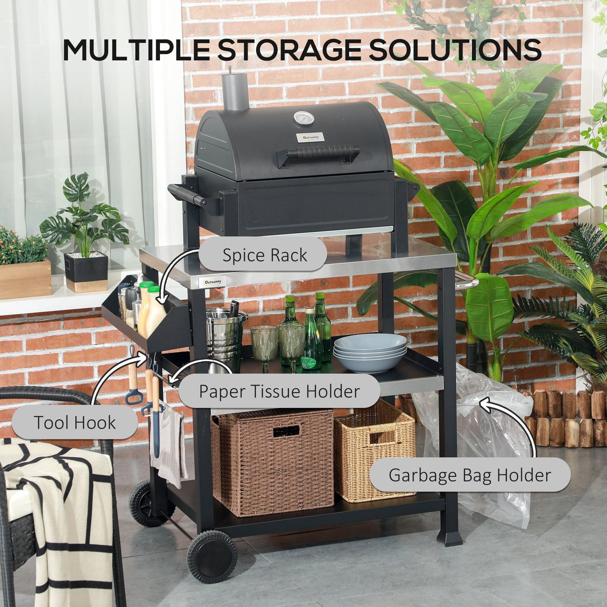 Outsunny Three-Shelf Outdoor Grill Cart with Stainless Steel Tabletop