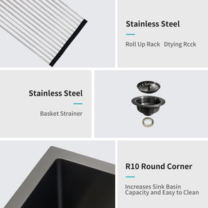 Workstation Kitchen Sink 30" X 18" X 10" Single Bowl Undermount 16 Gauge - Gunmetal Black