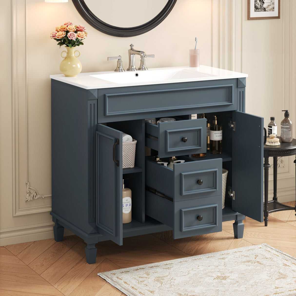 36" Blue Bathroom Vanity with Ceramic Sink and Storage