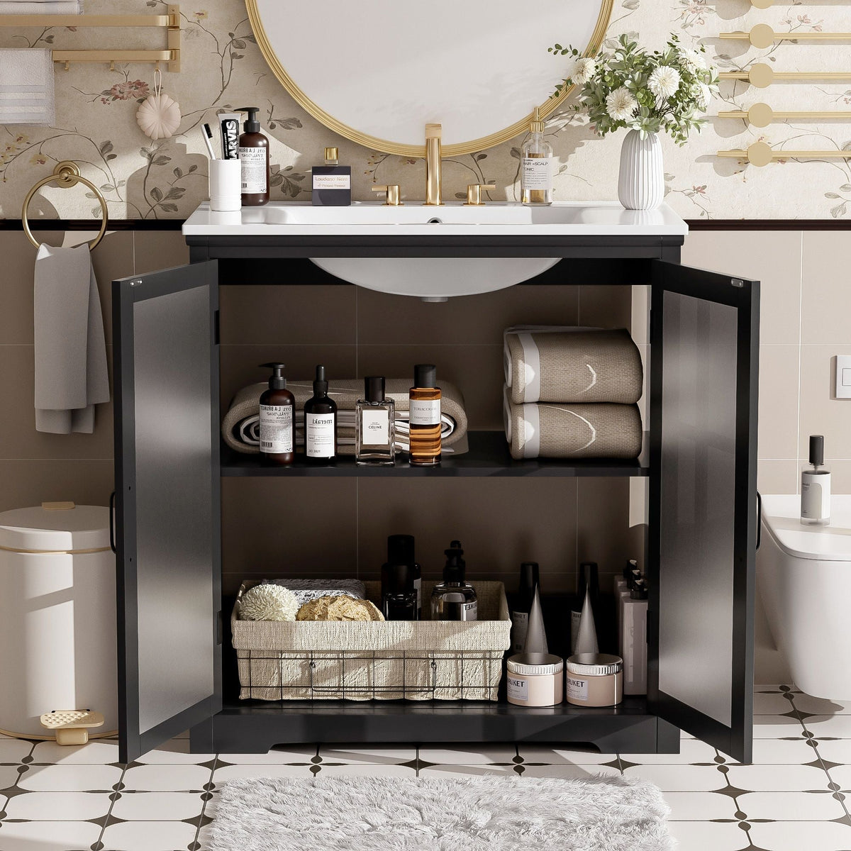 Modern Bathroom Vanity With Ceramic Sink, Tempered Blurred Glass Doors