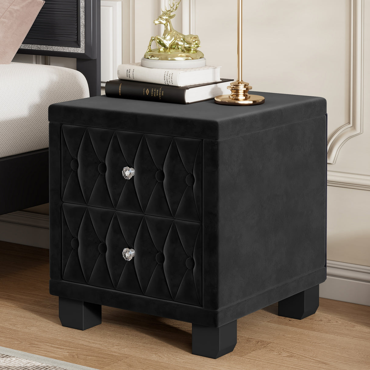 Elegant Velvet Nightstand with 2 Drawers & Crystal Handles – Button-Tufted Bedside Table, Black