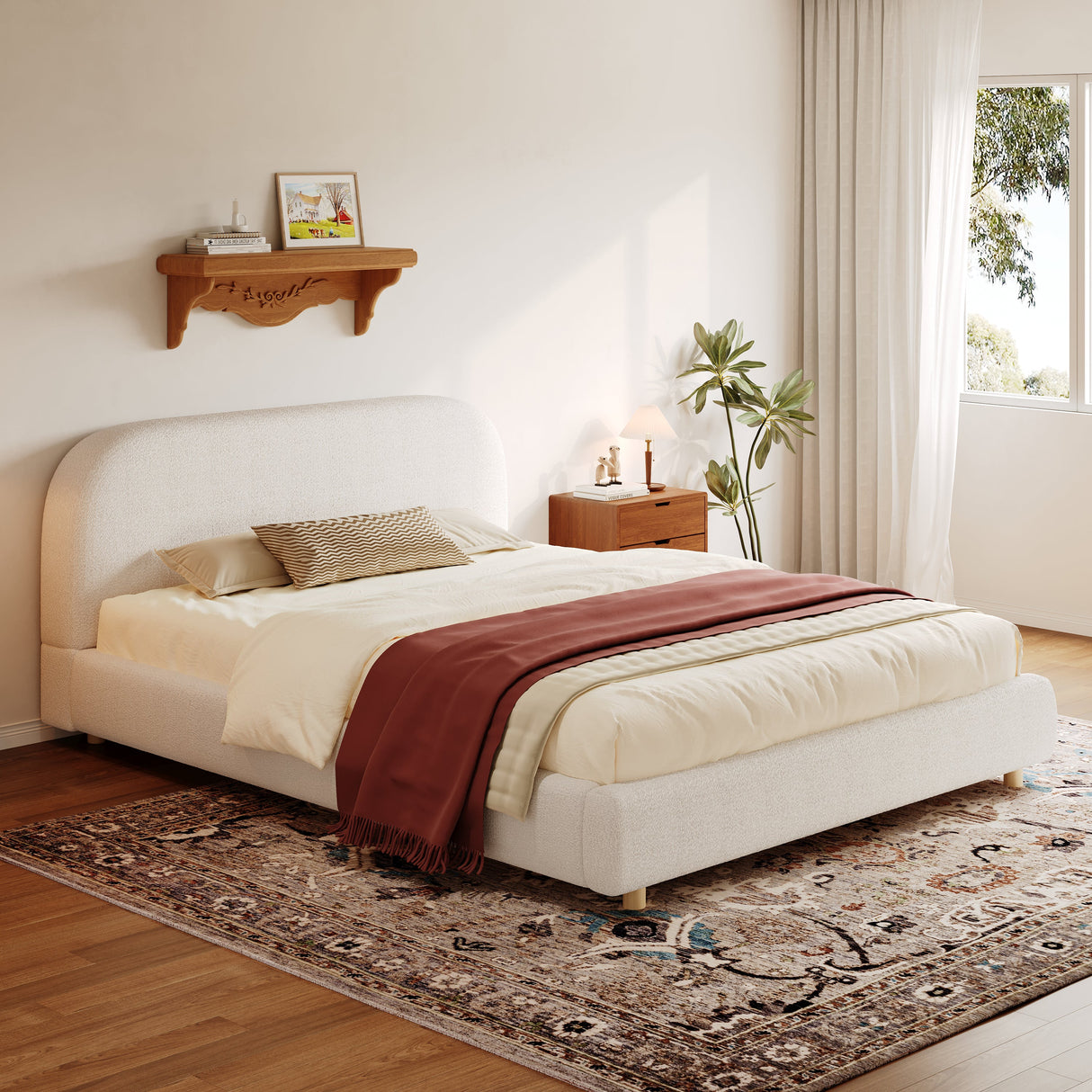 Queen Size Upholstered Bed With Boucle Fabric