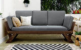 Outdoor adjustable patio wooden daybed sofa chaise lounge with cushions for small places, brown finish+gray cushion