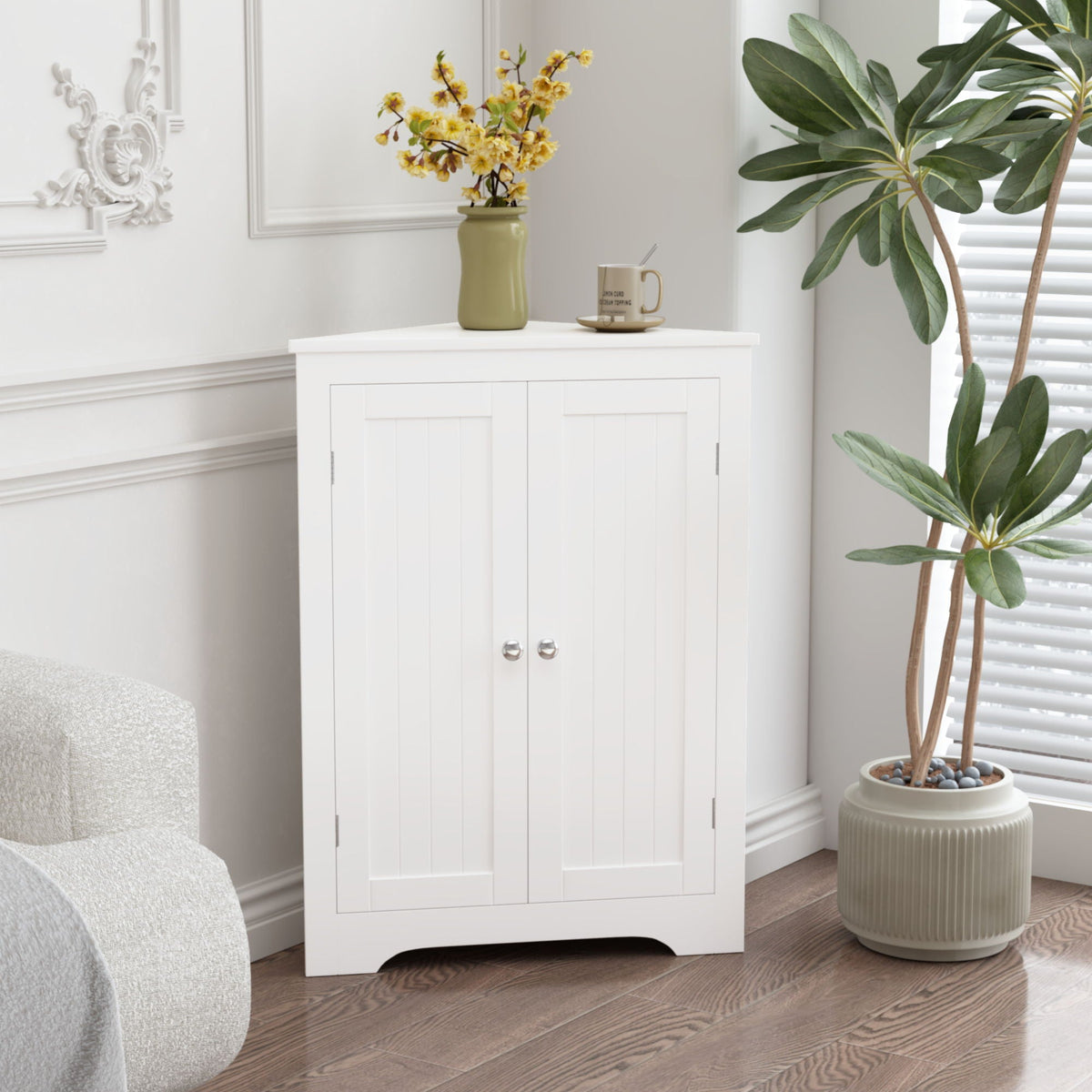 Corner Cabinet With 2 Doors And Adjustable Shelves, Freestanding Narrow Storage Organizer For Bathroom - White