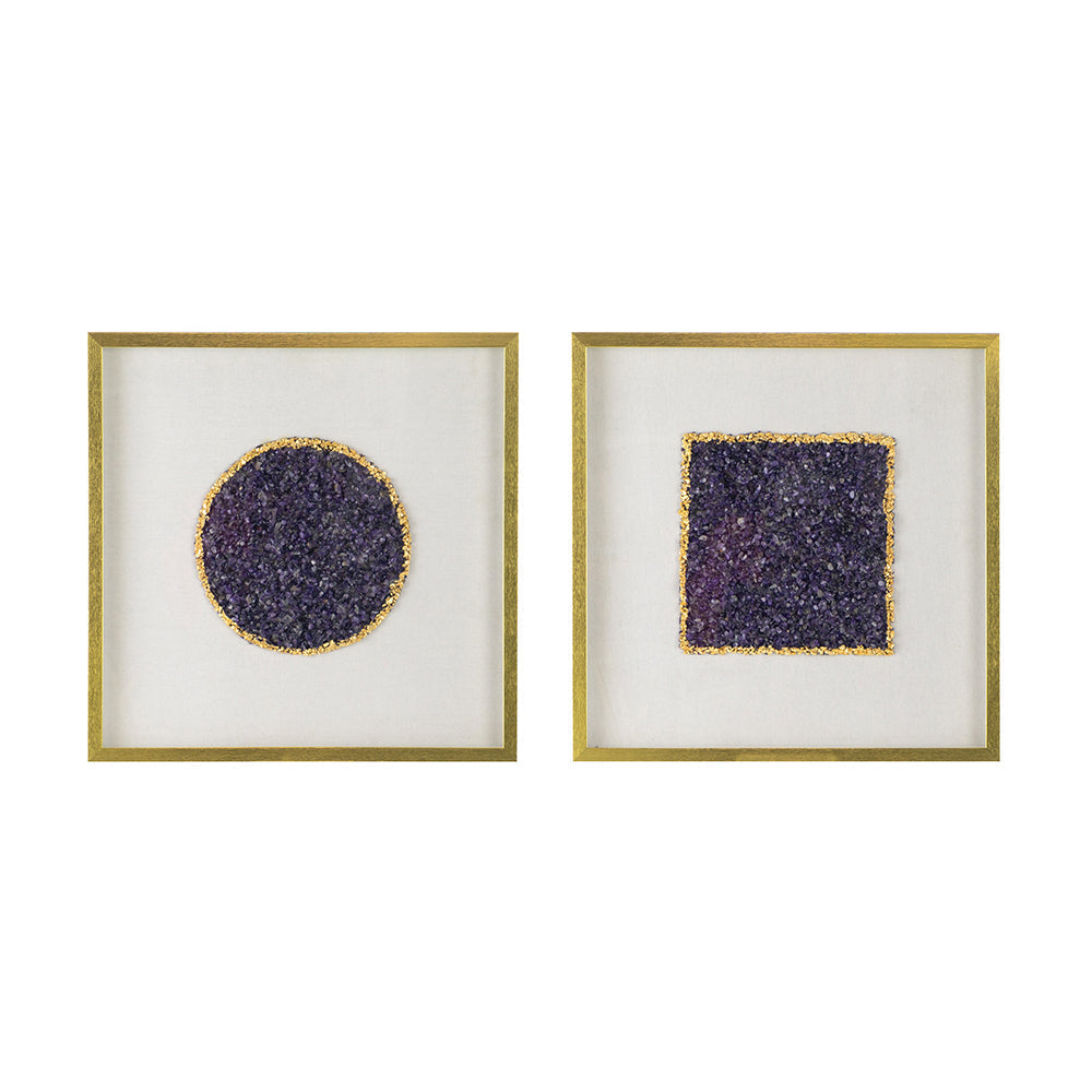 Elegant Shadow Box Duo Wall Art with Purple Amethyst Crystals - Neutral/Gold