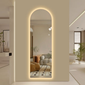 LED Full Length Wall Mirror With Symmetrical Arch Design, Dimmable 3 Color Temperature Lighting - Silver