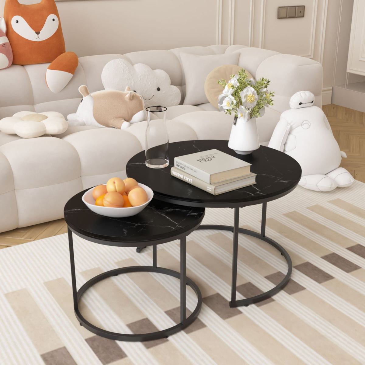 Round Nesting Coffee Table Set of 2 with Metal Base - Light Brown, White, or Black