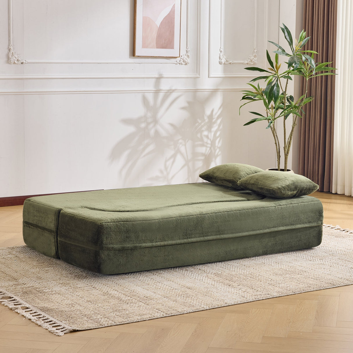 71-Inch Folding Sofa Bed in Green Plush Faux Fur