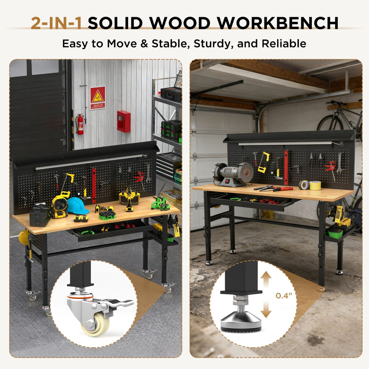 Adjustable Height Workbench, Includes Drawers, Power Outlet, LED Light, Wheels Or Leveling Feet - Black