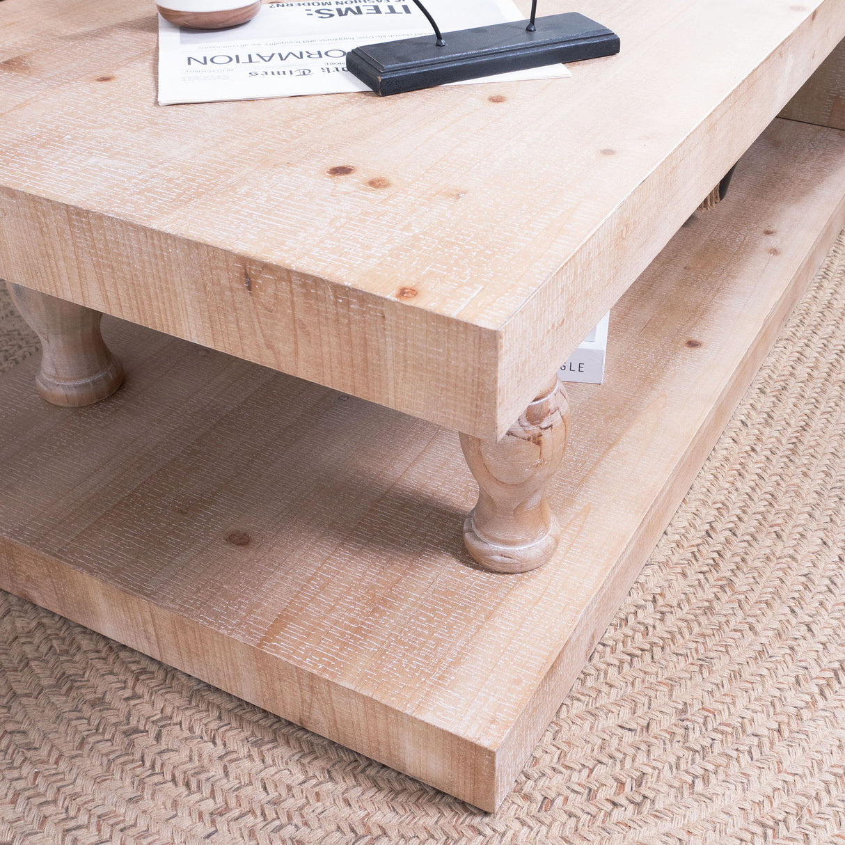 Rustic Solid Wood Coffee Table With Open Shelf, Modern Farmhouse Design - Light Natural / Natural