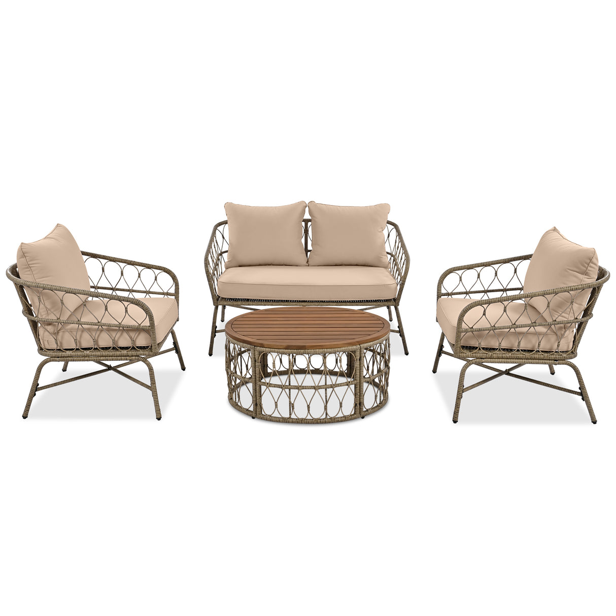 4 Piece Bohemian Wicker Chat Set With Acacia Wood Table