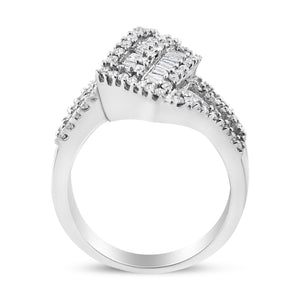 14K White Gold 1-1/2 Cttw Round and Baguette Diamond Bypass Cocktail Ring Band (H-I Color, SI1-SI2 Clarity) - Size 7
