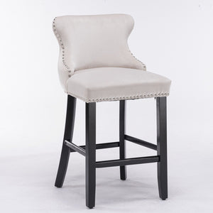 Contemporary Upholstered Wing-Back Barstools With Button Tufted Decoration And Wooden Legs, And Nailhead Trim, Leisure Style Bar Chairs, Bar Stools (Set of 2)