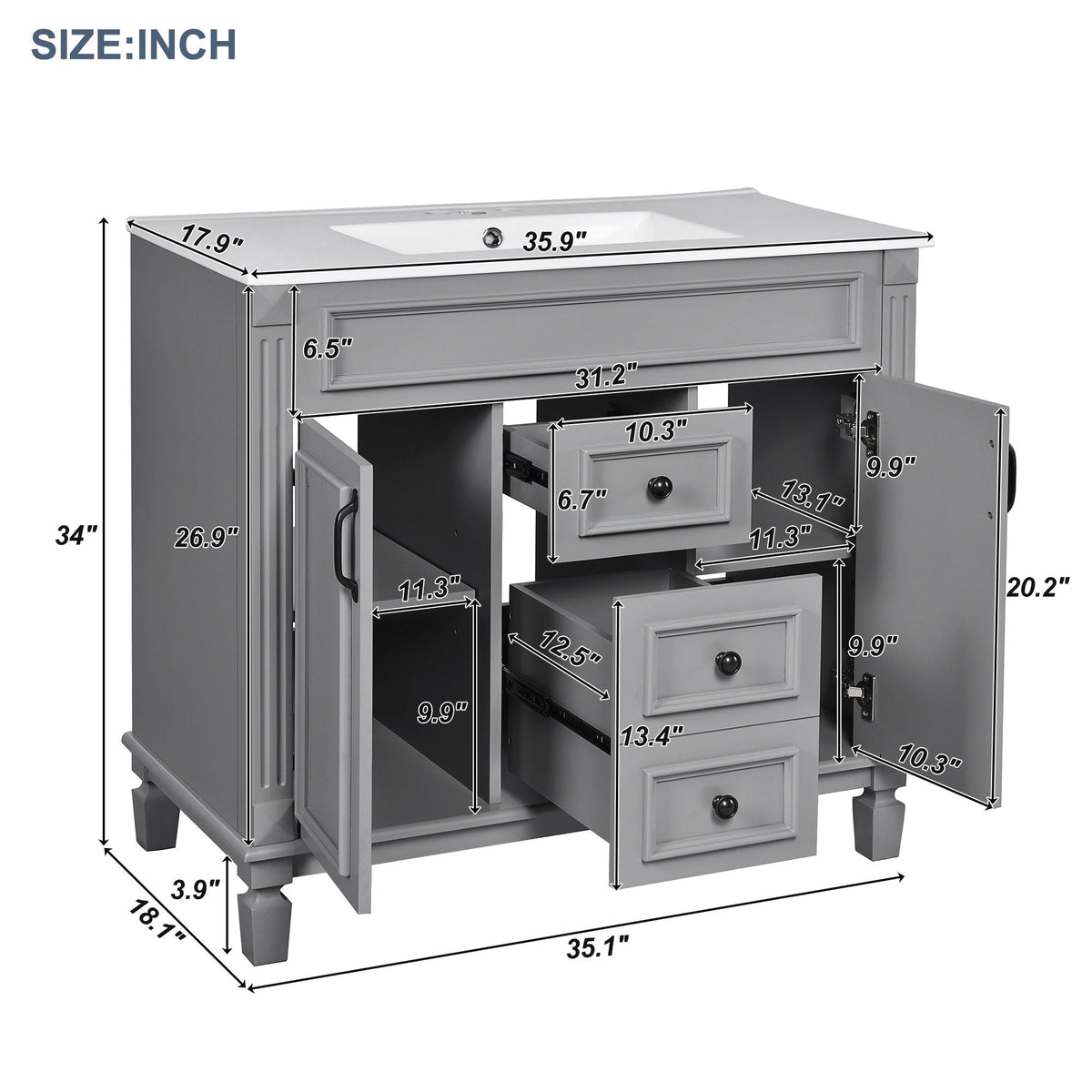 Bathroom Vanity with Ceramic Sink and Soft-Closing Storage - Dark Gray, White, or Black