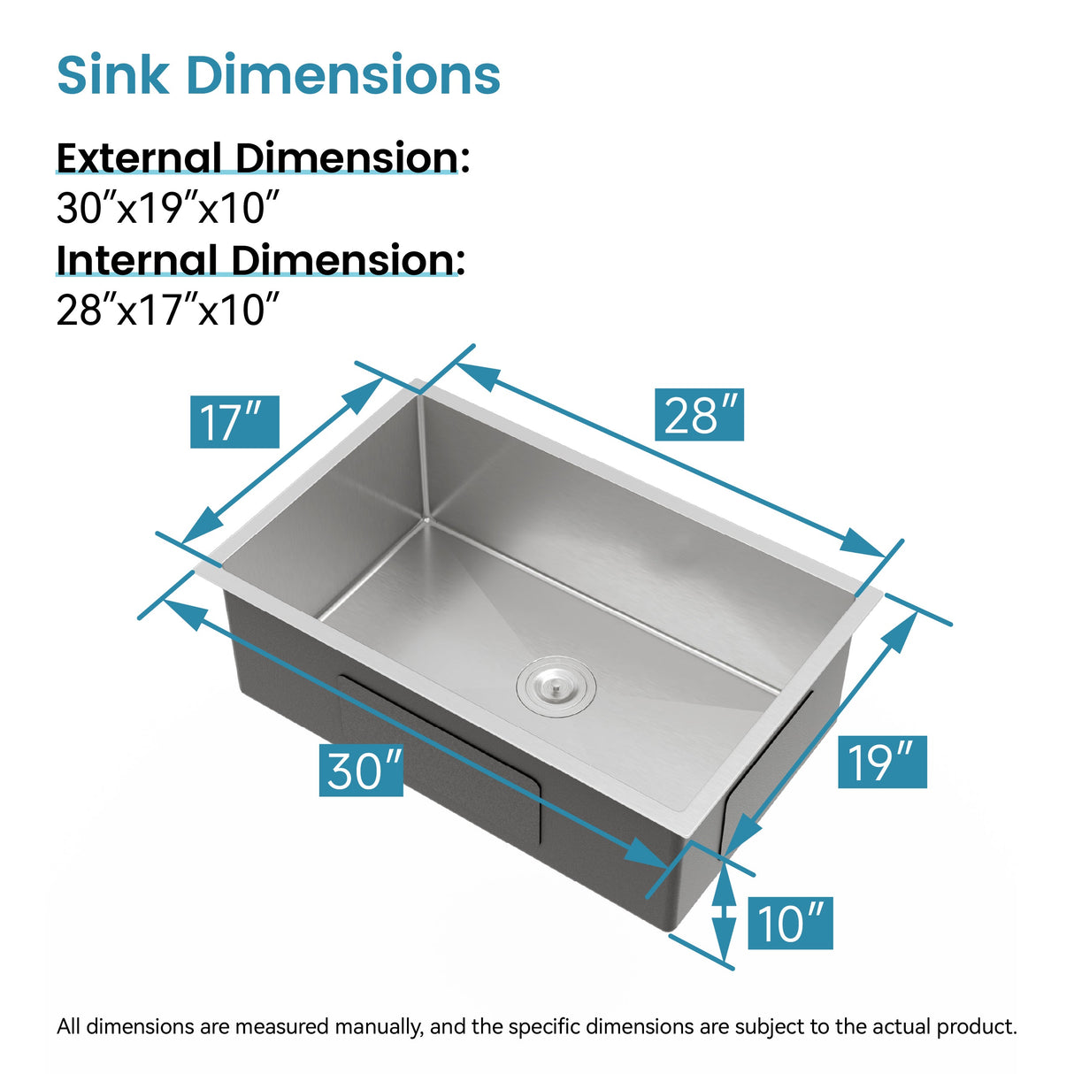 Stainless Steel Kitchen Sink, 30″x19″ Drop In Single Bowl, Undermount Handmade Sink in Brushed Nickel