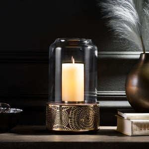 Boho Handcrafted Mango Wood Hurricane Candle Holder with Tempered Glass and Metal Accents