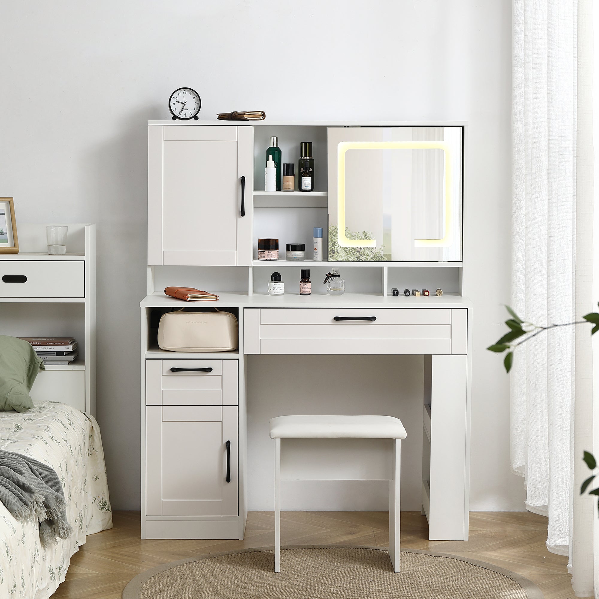 Vanity-table-with-large-sliding-lighted-mirror,-dressing-table-with-2-drawers,-white-VANITY
