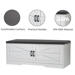 2 Tier Shoe Bench With Padded Seat, 2 Barn Doors And Adjustable Shelves, For Entryway And Living Room - White