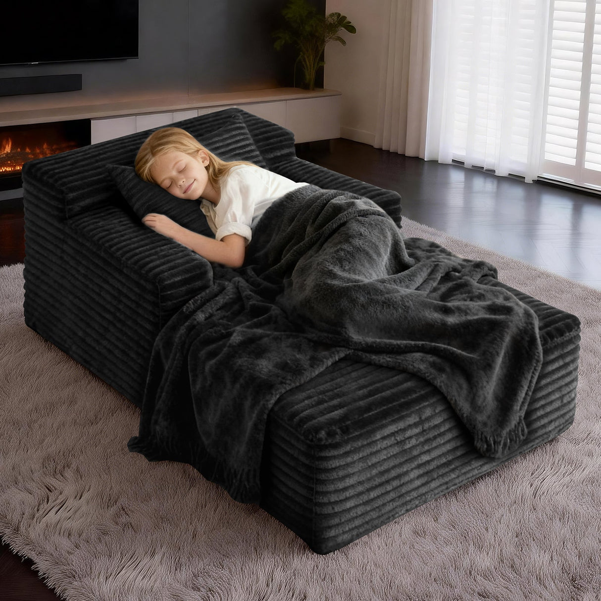 Small Chaise Lounge Sofa with Striped Corduroy