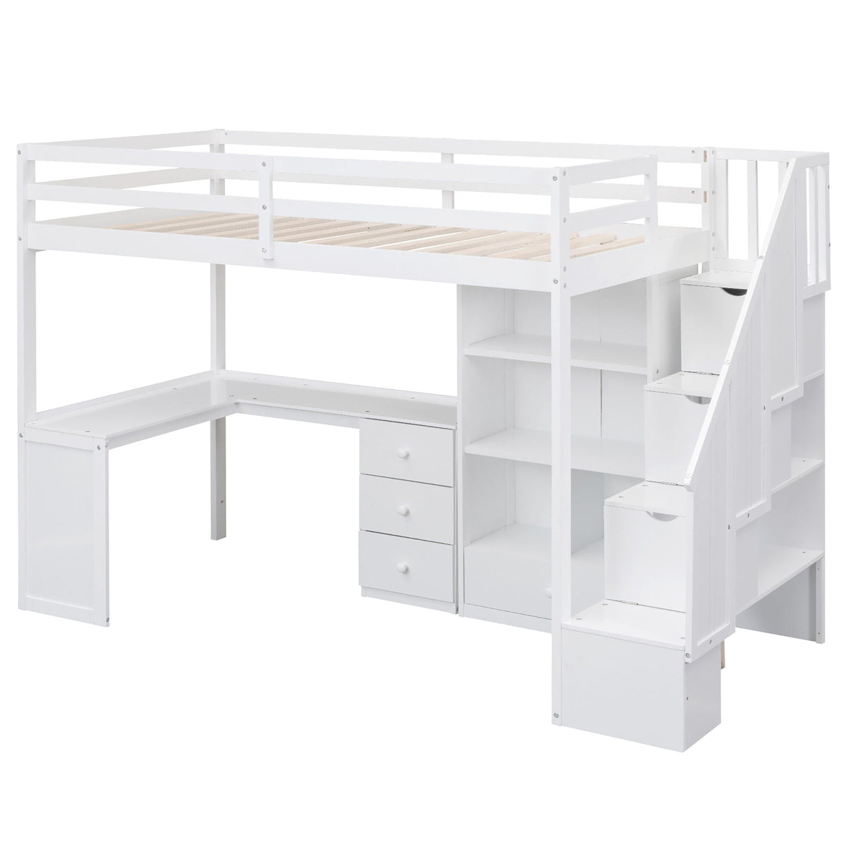 Loft Bed With L Shaped Desk, Drawers, Cabinet, And Storage Staircase