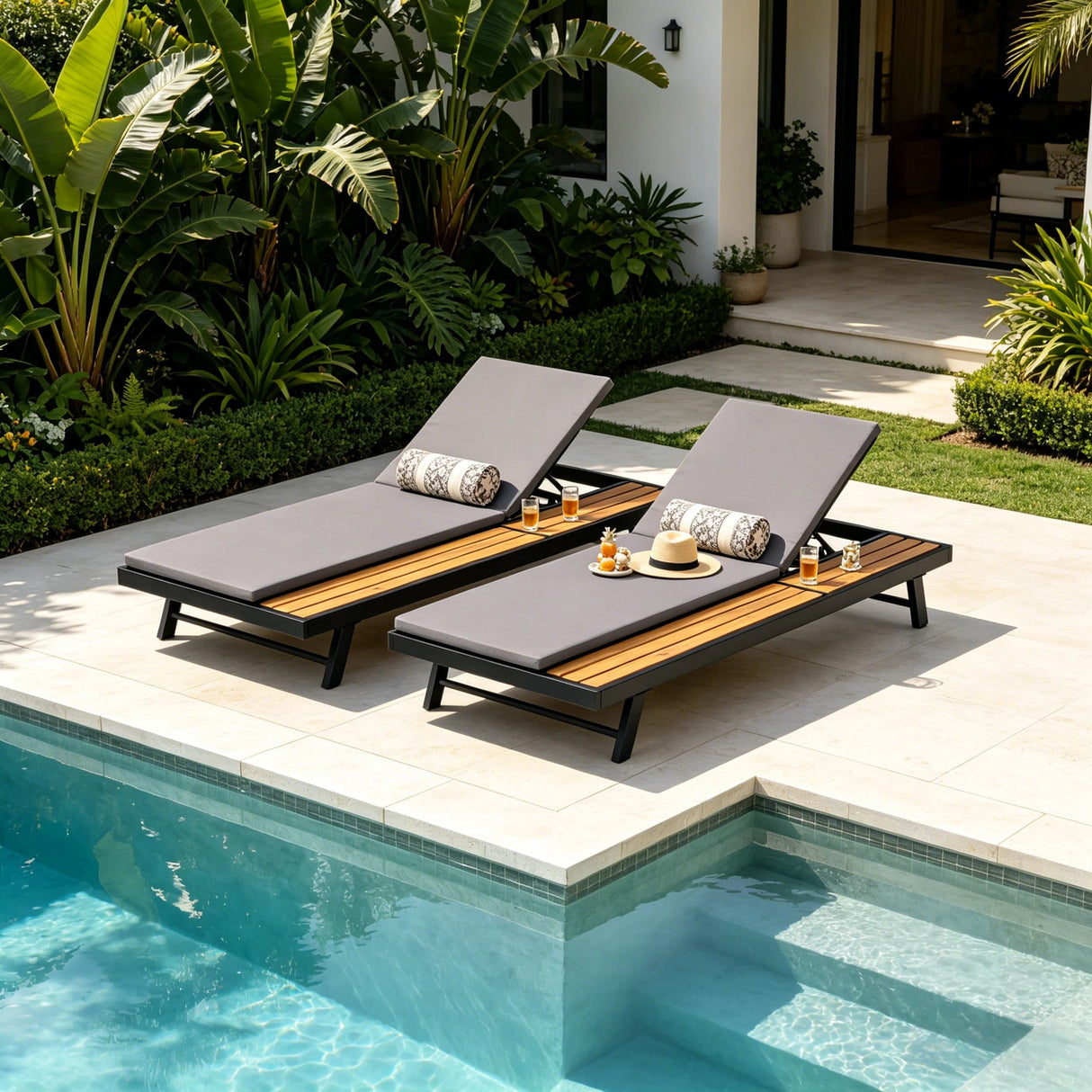 Black Iron + Teak Finish Outdoor Chaise Lounge Set